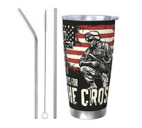 Tasse à café de voyage isotherme en acier inoxydable avec couvercle et paille - Motif drapeau américain et croix de soldat - Bouteille d'eau durable pour boissons chaudes et froides - 591 ml