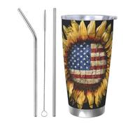 Tasse à café de voyage isotherme en acier inoxydable avec couvercle et paille - Motif drapeau américain - 591 ml - Pour boissons chaudes et froides