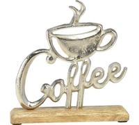 Tasse à café décorative en métal argenté de haute qualité sur un socle en bois naturel
