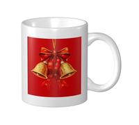 Tasse à café élégante en céramique avec cloches de Noël dorées et nœud en ruban rouge pour la maison et le bureau, 325 ml