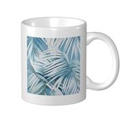 Tasse à café élégante en céramique avec feuilles de palmier blanches sur fond bleu, pour la maison et le bureau, 325 ml