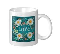 Tasse à café élégante en céramique avec fleur d'amour sur fond bleu sarcelle, pour la maison et le bureau, 325 ml