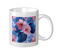Tasse à café élégante en céramique avec fleur d'hibiscus rose avec feuille tropicale bleue, pour la maison et le bureau, 325 ml