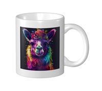 Tasse à café élégante en céramique avec motif lama arc-en-ciel portrait de fleur fluo pour la maison et le bureau, 325 ml