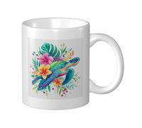 Tasse à café élégante en céramique avec motif tortue de mer, fleurs tropicales, hibiscus, pour la maison, le bureau, 325 ml