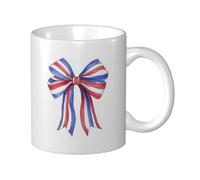 Tasse à café élégante en céramique avec nœud en ruban et rayures blanches, rouges et bleues, pour la maison et le bureau, 325 ml