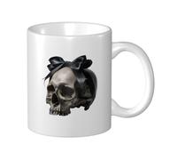 Tasse à café élégante en céramique motif tête de mort avec nœud en ruban noir pour la maison et le bureau, 325 ml