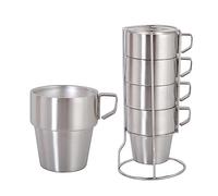 Tasse à Café en Acier Inoxydable, Lot de 4 Réutilisables Rangement en Métal avec Support Isolée Empilable de Tasse, Tasse à Café Expresso à Double Couche pour Café Thé Boissons