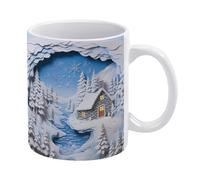 Tasse à café en céramique 3D avec motif de village d'hiver et de rivière, motif trou dans le mur, pour un anniversaire ou Noël amusant - Tasse à café ou à thé blanche de 325 ml