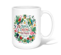 Tasse à café en céramique avec citation de Noël et perroquets tropicaux 445 | Thème forêt tropicale, gobelet, fleurs d'hibiscus vibrantes, illustration d'oiseaux exotiques, île festive esthétique