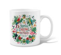Tasse à café en céramique avec citation de Noël Oiseau tropical perroquets | Thème forêt tropicale, gobelet, fleurs d'hibiscus vibrantes, illustration d'oiseaux exotiques, île festive esthétique