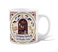 Tasse à café en céramique avec citation effrayante de chat d'octobre 325 ml | Art du chat, tasse à café, cadre de bibliothèque vintage, symbolisme occulte, humeur saisonnière d'automne