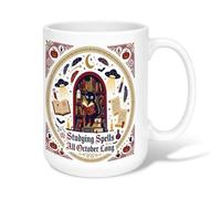 Tasse à café en céramique avec citation effrayante de chat d'octobre 445 ml | Art du chat, tasse à café, cadre de bibliothèque vintage, symbolisme occulte, humeur saisonnière d'automne