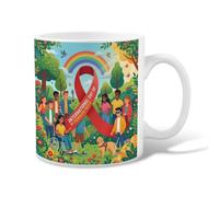 Tasse à café en céramique avec citation en anglais « Inclusion And | Thème communautaire inclus, tasse à boire, art de sensibilisation à la diversité, illustration de paysage vibrante