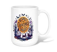 Tasse à café en céramique avec citation « Respect The Creatures Of Night | Thème de la forêt fantaisie, tasse à boire, silhouette de forêt, graphique de lune effrayante, atmosphère automnale