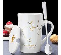 Tasse à café en céramique avec couvercle et cuillère 12 constellations Motif étoile percée 420 ml Cadeau personnalisé Personnalité créative Tasse en céramique (Sagittaire, Blanc)