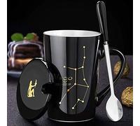 Tasse à café en céramique avec couvercle et cuillère 12 constellations, tasse à lait de 420 ml, cadeau personnalisé personnalisé (vierge, noir)