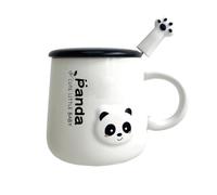 Tasse à café en céramique avec couvercle et cuillère Kawaii en acier inoxydable - Motif panda en relief - Tasse à café, lait - Thé - 3D - Animal Panda - Amour - Cadeaux