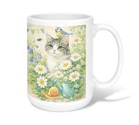 Tasse à café en céramique avec motif chat, chrysanthème nature printanière, jacinthe des bleues, tasse de bureau fantaisie avec poignée, idéale pour l'amitié, la famille, les collègues, les