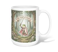 Tasse à café en céramique avec motif chevalier de sensibilisation au cancer | Illustration d'amphibiens guerriers, tasse à café, symbole de ruban de pêche, fond de forêt forestière