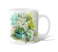 Tasse à café en céramique avec motif chrysanthème - Arrosoir rustique en bois - Blanc - Avec poignée - Cadeau pour amitié, famille, collègue, personnel chéri, enseignants - 325 ml
