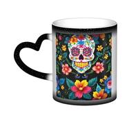 Tasse à café en céramique avec motif crânes et fleurs - Changement de couleur thermique - Pour la maison, le bureau, le café