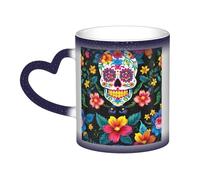 Tasse à café en céramique avec motif crânes et fleurs - Changement de couleur thermique - Pour la maison, le bureau, le café