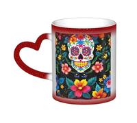 Tasse à café en céramique avec motif crânes et fleurs - Changement de couleur thermique - Pour la maison, le bureau, le café
