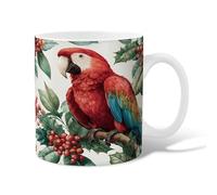 Tasse à café en céramique avec motif perroquet, baies tropicales naturelles, feuilles d'été rouge, tasse à thé fantaisie avec poignée, cadeau pour amis, famille, collègues, enseignants, couples