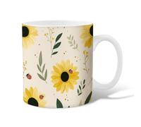 Tasse à café en céramique avec motif tournesol, coccinelle, feuille de printemps, jaune, cadeau pour amis, famille, collègues, amoureux, personnes âgées, 425,2 g