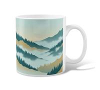 Tasse à café en céramique avec poignée - Motif paysage naturel - Pin brouillard - Bleu sarcelle - 325 ml