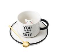 Tasse à café en céramique avec soucoupe, mignon chat 3D à l'intérieur tasse avec poignée et cuillère, figurine d'animal tasses à thé pour bar, maison, bureau (white cat, 1pcs)