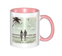 Tasse à café en céramique bicolore avec couple marié marchant sur la plage 330 ml - Tasse à thé classique, tasse cadeau, passe au micro-ondes, au bureau et à la maison