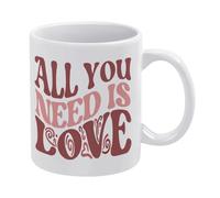 Tasse à café en céramique blanche « All You Need is Love-1 » de 325 ml, tasse à thé imprimée des deux côtés avec poignée ergonomique en C et fond épais en porcelaine pour la maison, le bureau, la