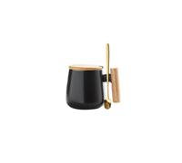 Tasse à café en céramique de 355 ml avec couvercle en bois et cuillère dorée, tasse à thé au lait pour bureau et maison, idée cadeau amusante pour les amoureux, cadeaux de Noël, noir