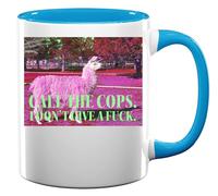 Tasse à café en céramique Lama Call The Cops. I Don't Give A FCK Bleu clair