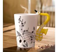 Tasse à café en céramique Leikurvo avec anse de saxophone, note de musique - Tasse cadeau - 250 ml - Jaune