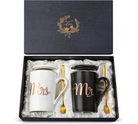 Tasse à café en céramique - lot de 2 14 oz noir et blanc - avec couvercle et cuillère coffret cadeau compatible lave-vaisselle