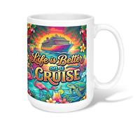 Tasse à café en céramique motif bateau de croisière, feuilles de palmier tropicales, oiseaux tropicaux, bleu d'été, tasse fantaisie avec poignée, idéale pour les amis, la famille, les collègues, les