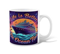 Tasse à café en céramique motif bateau de croisière, vagues tropicales vibrantes, palmiers, violet d'été, tasse à chocolat chaud avec poignée, idéale pour l'amitié, la famille, les collègues, les
