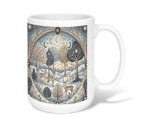 Tasse à café en céramique Motif cerf des bois céleste 445 ml | Art de la forêt céleste, tasse à boire, motif de la faune de la forêt, bordure circulaire ornée, scène naturelle sereine