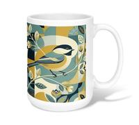 Tasse à café en céramique motif oiseau, nature, feuilles modernes, fleurs, printemps, bleu sarcelle, tasse à thé fantaisie avec poignée, idéale pour les amis, la famille, les collègues, les personnes