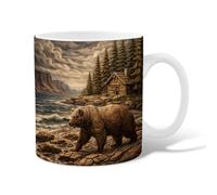 Tasse à café en céramique motif ours, cabane rustique, sapins, automne marron, tasse à thé fantaisie avec poignée, cadeau pour amitié, famille, collègue, personnel, chéri, enseignants, 325 ml
