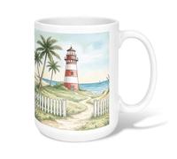 Tasse à café en céramique motif phare avec palmier, océan, bleu d'été, tasse fantaisie avec poignée, idéale pour les amis, la famille, les collègues, les enseignants, les couples, les employés 445 ml