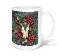 Tasse à café en céramique Motif tête de mort Western Steer 445 ml | Cornes à carreaux de buffle, tasse à café, esthétique rustique ferme, poinsettia et pommes de pin, thème botanique d'hiver