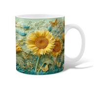Tasse à café en céramique motif tournesol, fleur, papillon, feuille, printemps, jaune, tasse à thé fantaisie avec poignée, cadeau pour amis, famille, collègues, amoureux, personnes âgées, 325 ml