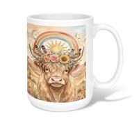 Tasse à café en céramique motif vache des Highlands, bohème rustique, tournesol, tons chauds, tasse à thé fantaisie avec poignée, idéale pour l'amitié, la famille, les collègues, les enseignants, le