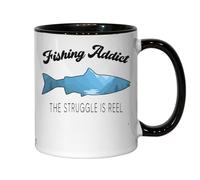 Tasse à café en céramique noire avec inscription « Fishing Addict The Struggle Is Reel »
