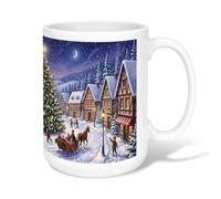 Tasse à café en céramique Nostalgic Winter Village Scene de Noël 445 ml | Scène d'hiver nostalgique, gobelet, calèche, chalets enneigés, arbre de vacances lumineux, atmosphère saisonnière confortable