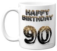 Tasse à café en céramique pour 90e anniversaire pour homme - Ballons noirs et dorés à paillettes - Tasse d'anniversaire pour papa de 90 ans, grand-père, oncle, cousin, grand-père, 325 ml, passe au